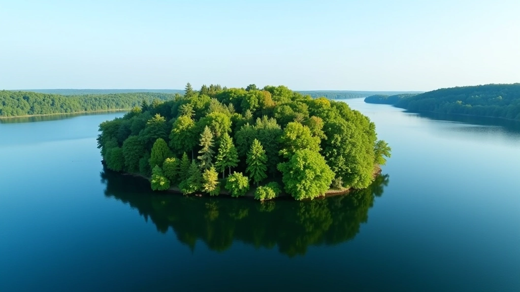 Ežero sala su medžiais, ramus vanduo, giedras dangus